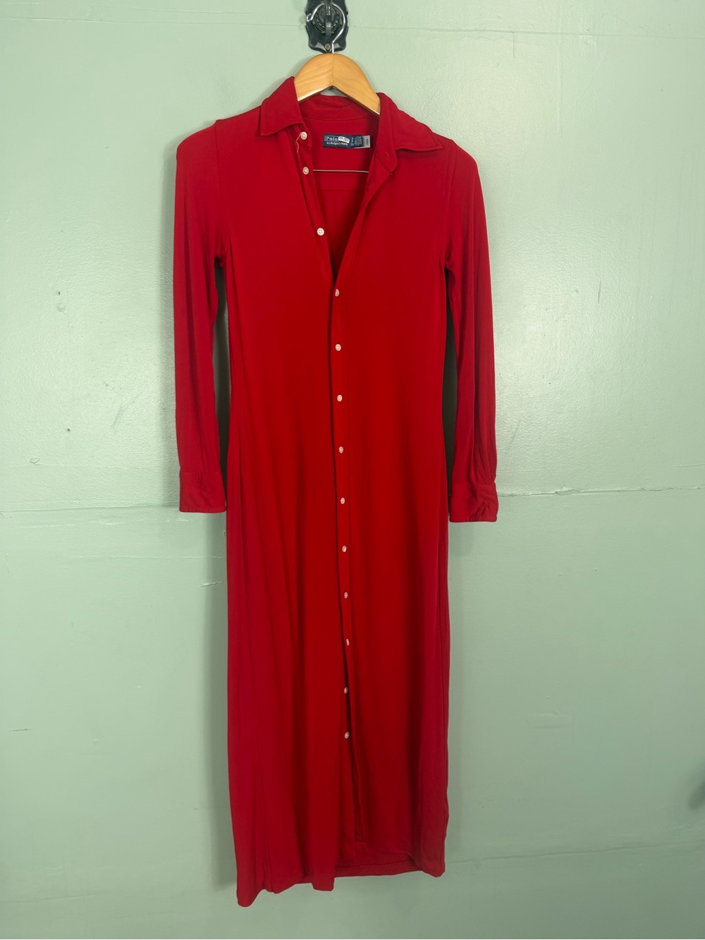 Polo Ralph Lauren Jersey Knit Maxi Shirtdress Button Up Small Red